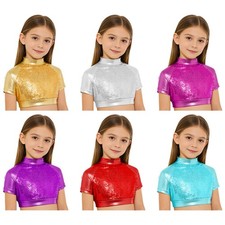 Girls Dance Top Short Sleeve Metallic Costume Crop Top Mock Neck Jazz Glossy