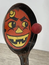 Vintage T Cohn Halloween Toy Metal Decoration Rare Paddle Ball Jack O Lantern