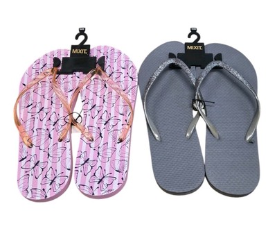 Lot Of 2 Pairs Mixit Flip Flops Womens 11/12 Pink Butterfly Gray Glitter Sandals
