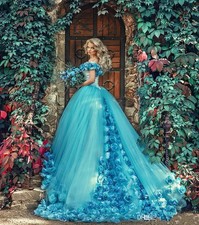 Vintage Off Shoulder Blue Quinceanera Dress Handmade Floral Chiffon Ball Gown
