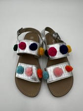 Mini Boden Silver Metallic Pom Pom Sandals 32/13.5 US