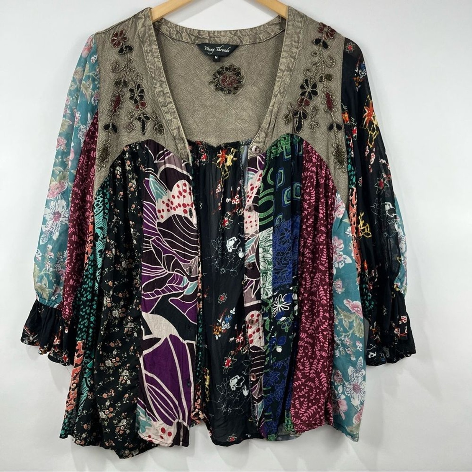 Boho Patchwork Button Down Blouse M | Embroidered… - image 4