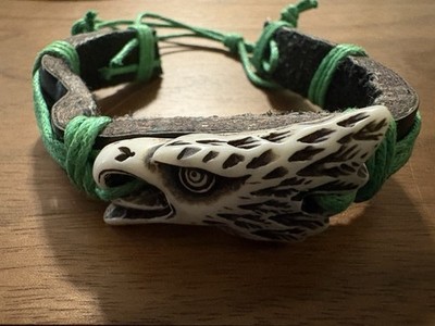 Vintage 90s American Eagle Charm Leather Bracelet Adjustable Boho Ethnic Jewelry