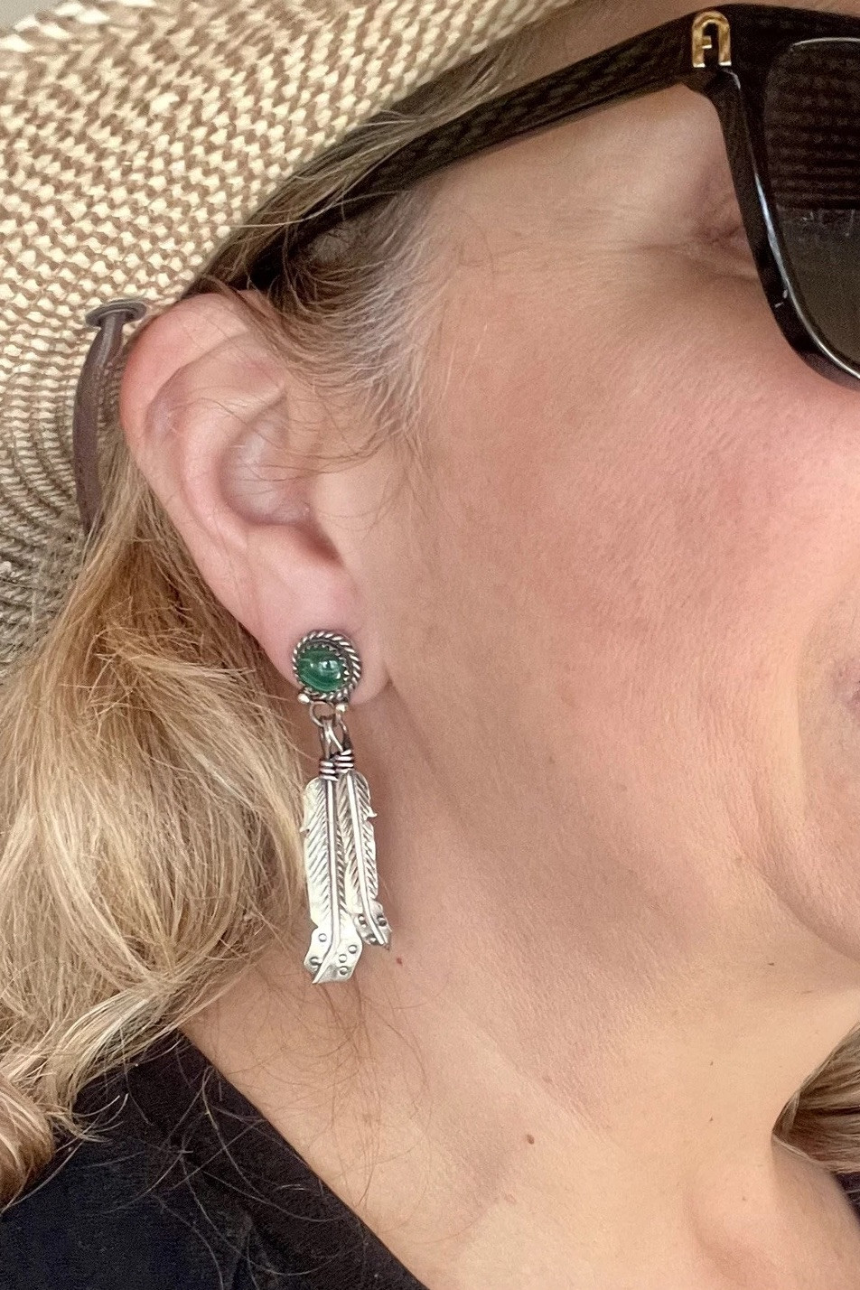 Malachite Post Earrings Signed Feather Moses Jack… - image 2