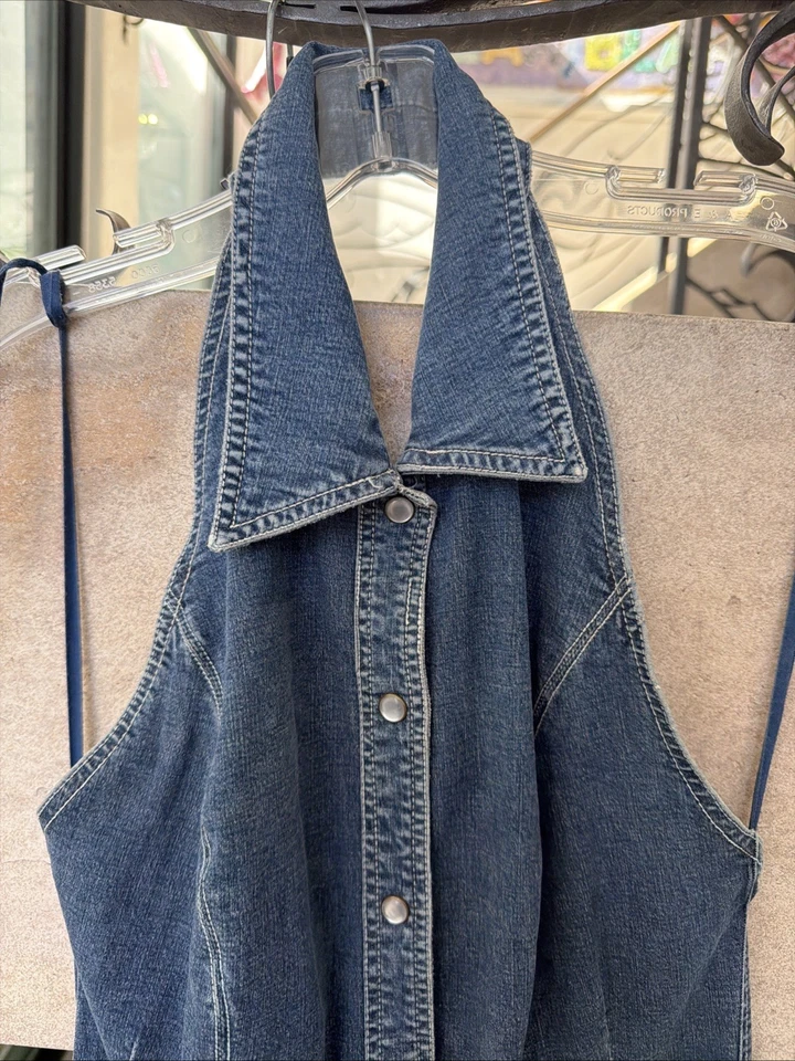 Nuevo con etiquetas Maxi Vestido Jeans Denim Vintage Años 90 Y2K DKNY 8 Azul Jean Halter Abotonado $165 Foto 3 de 4