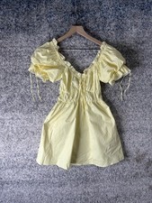 Show Me Your Mumu Dress Womens XS Yellow Stripe Puff Sleeve Ruffle Mini USA