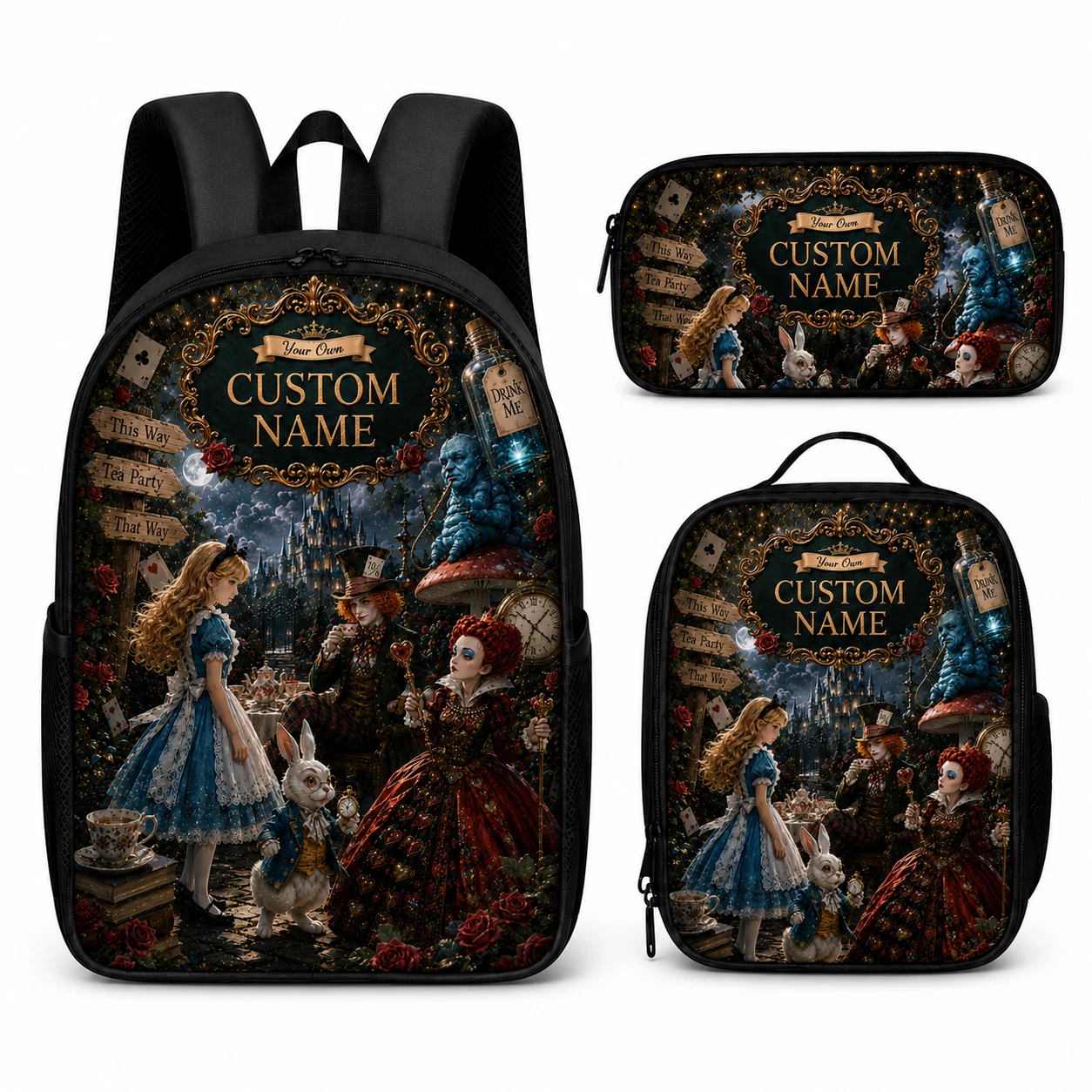 Wonderland Backpack for Girls School Bag Pencil Case Lunch Bag Set Personalized