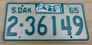 Vintage Original 1965 South Dakotah License Plate Tag # 2-36149 Pennington Co