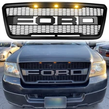 Front Grill For 2004-2008 Ford F150 Mesh Raptor Style Matte Black W/Letter W/LED