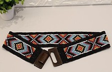 Vintage Seed Beed  Native American Hand Crafted Stretch Belt Carved Wood Clasp 