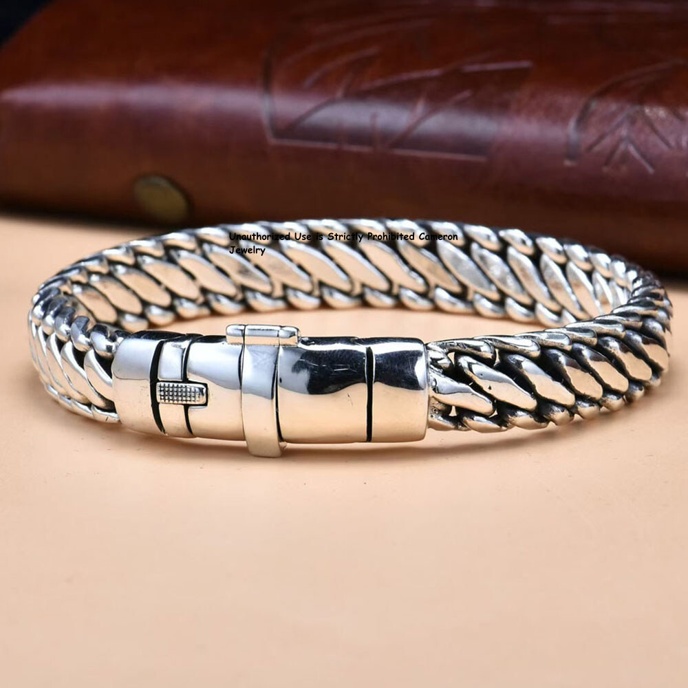 Pure S925 Sterling Silver Chain 10mm Cross Curb Link Bracelet 56