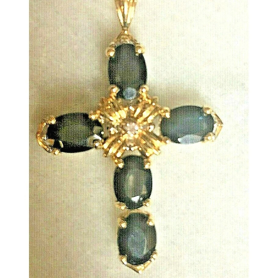 14KT YELLOW GOLD 4 CT SAPPHIRE & DIAMOND CROSS NECKLACE SKY - Image 2 of 4