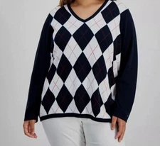 Tommy Hilfiger Women's Blue Argyle V-Neck Sweater Plus Size:3X