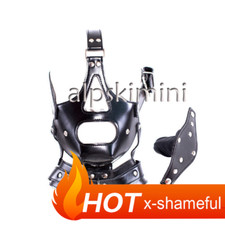 PU Leather Hood Head Harness Detachable Plugs Open Mouth Gags Restraint