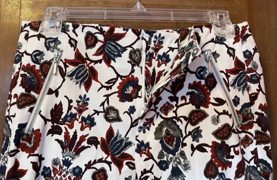 Zara Basic Solid Off White Pants w Blue/Red Flora… - image 3