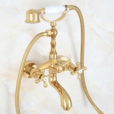 Gold Color Brass Wall Mounted Bathtub Clawfoot Tub Filler Faucet w/ Handshower