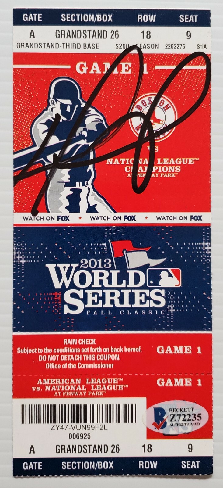 David Ortiz Autographed Signed 2013 World Series Ticket Game 1 Red Sox Big Papi MLB HOF BAS 