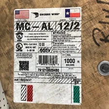 200’+ Encore wire #MC-AL-12/2,Two conductors w/12-G,600v