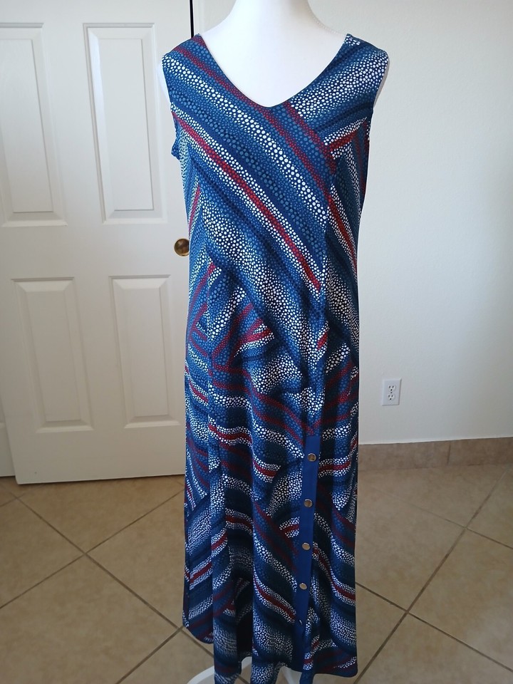 Susan Graver Size Petite XS Liquid Knit Maxi Dress Sleeveless Blue Red