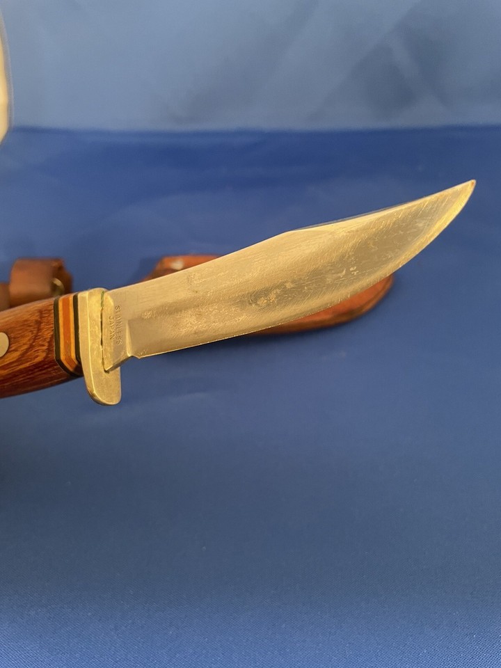 Vintage Hunting Knife Sharp Japan With Leather Sheath Wood inlaid