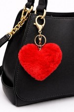 Furry Heart Shaped Pom- Pom Bag Charm- Keychain Red