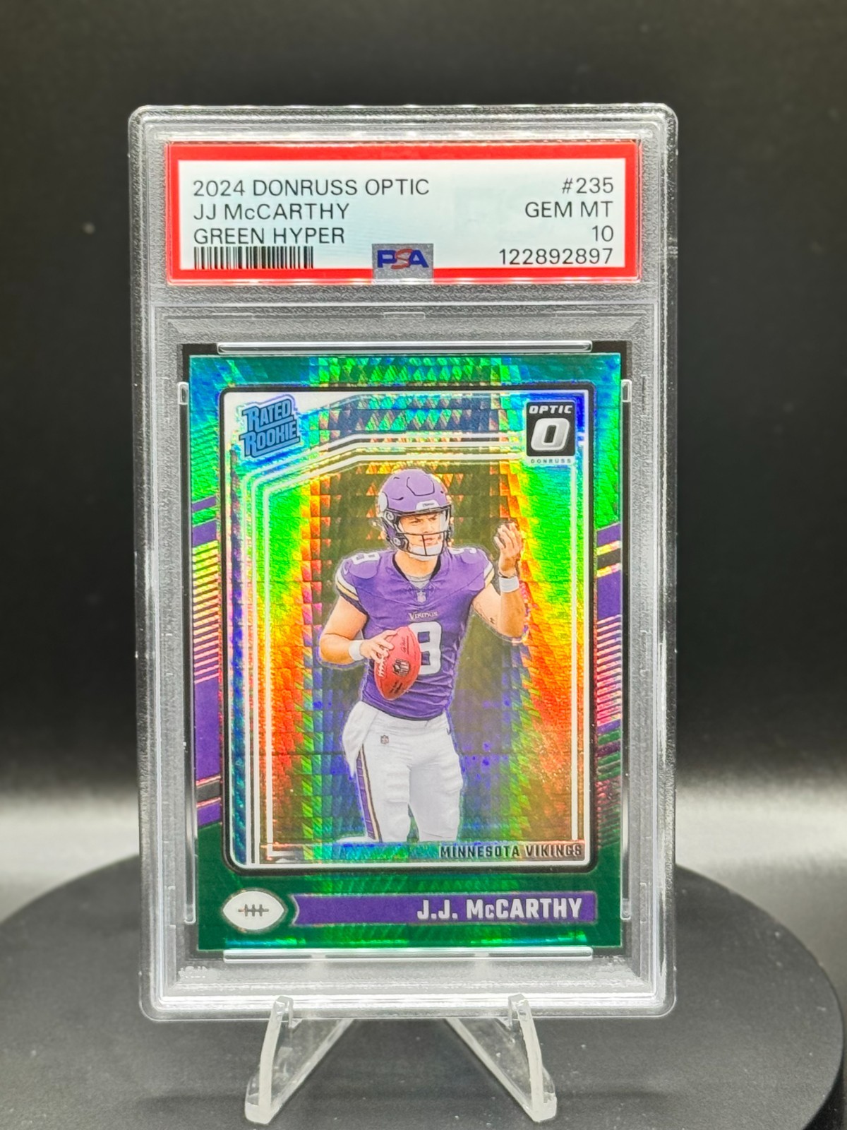 2024 Donruss Optic JJ McCarthy Rated Rookie Green Hyper #235 PSA GEM MT 10