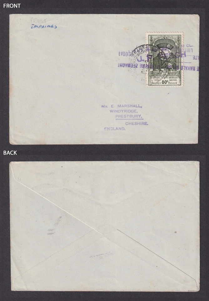 БЕЛЬГИЯ 1953, Обложка в Англию, Специальная отмена Конгресса ВПС - Изображение 3 из 3