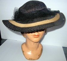 Vintage 50's Ladies Black Straw Hat w/ Brim/ Netting/ Tan Band..Mid Century
