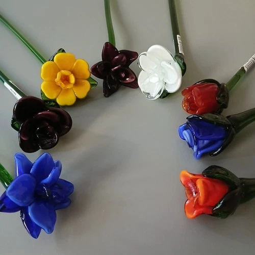 Vintage Set of 8 Murano Style Glass Long Stem Flowers Bouquet Hand Blown