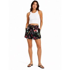 One 5 One Black Tropical Floral Print Elastic Waist Belted Shorts w/ Pockets