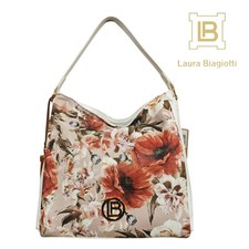 Borsa Donna Sacca Spalla Laura Biagiotti Ecopelle Fantasia Fiorata Fiori Bianca