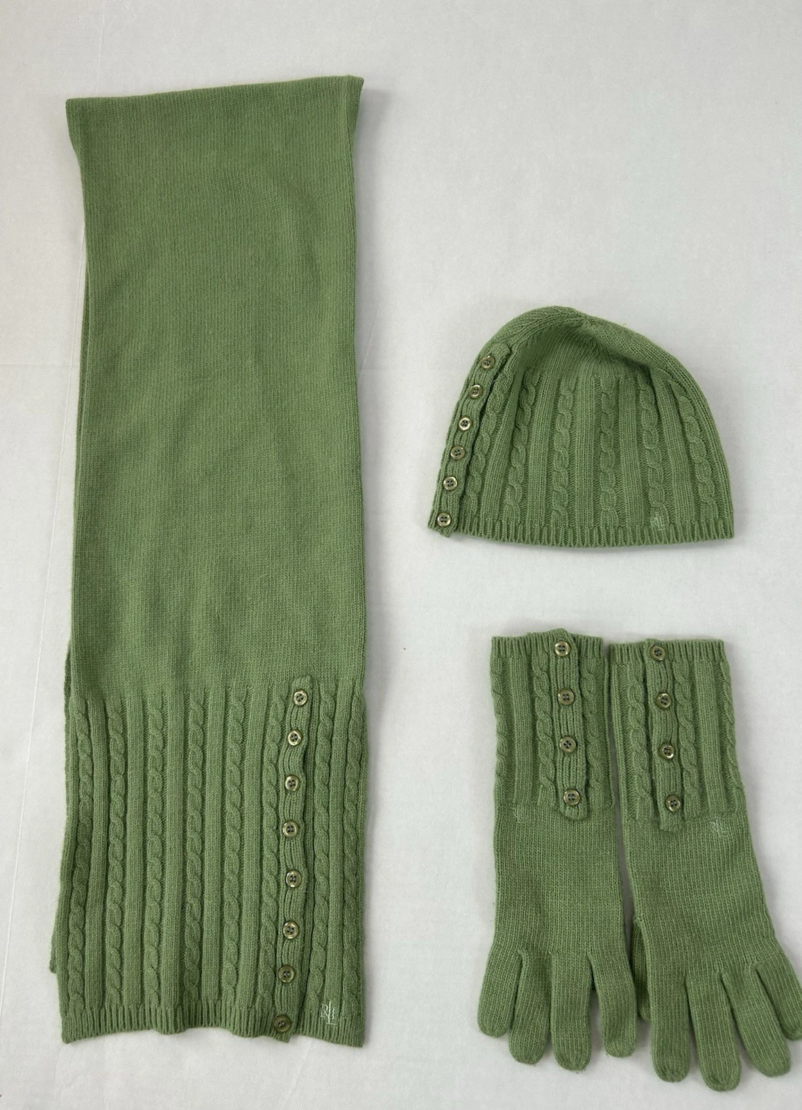 Lauren Ralph Lauren Green Wool Rabbit Hair Blend Scarf Gloves Beanie One Size