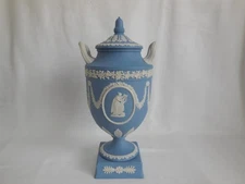 Wedgwood Blue Jasperware Erato & Urania Lidded 11.5 Inch Urn  - Chip Underneath
