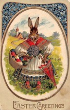 Easter Greetings Dressed Bunny Rabbit Egg Basket Umbrella Postcard AA112762