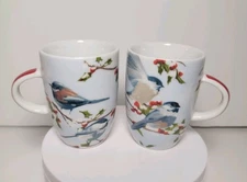 PPD Martha Collins demitasse mugs Chickadees Bird Winter Snow Holly Christmas 2 