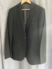 TM Lewin Trent Suit Black 100% Wool Super 120 2 Piece One Button 42L Skinny Fit