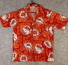 Vintage Go Barefoot In Paradise Hawaiian Shirt Floral Orange Reds Mens L 21.5x29