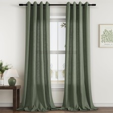 Olive Green Linen Curtains 84 Inches Long for Living Room 2 Panels Grommet Se...