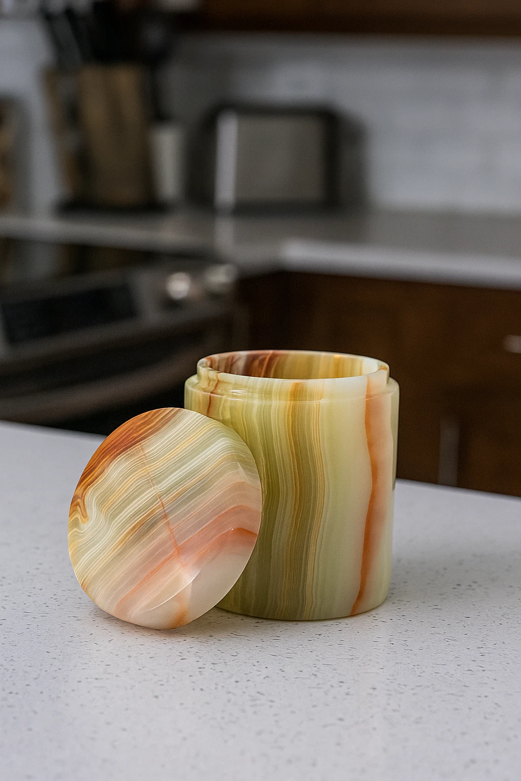 Handcrafted Onyx Marble Lidded Jar – 5" H × 4" W