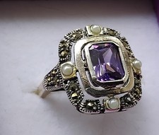 Stunning vintage Ring Amethyst, Marcasite and pearl Size 0/ P