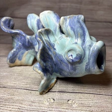 Blue Drip Glazed Art Pottery Koi Fish Statue Signed Ruth Ann Kitsch 8x5x4”