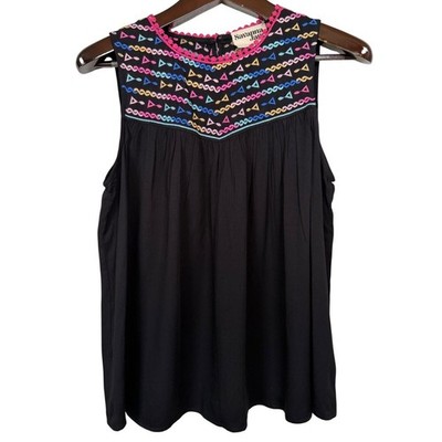 Savanna Jane Womens Black Embroidered Tribal Tank Top Size Medium