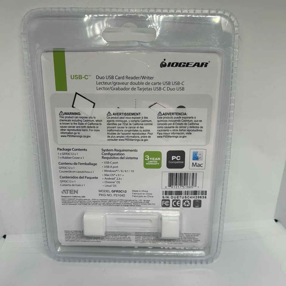 IOGEAR USB-C Duo Card Reader Writer SD MicroSD USB-A USB-C Adapter GFR3C12 New - Image 2 of 2