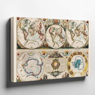 Wall Art Vintage World Map Design Featuring Four  Canvas Print Canvas