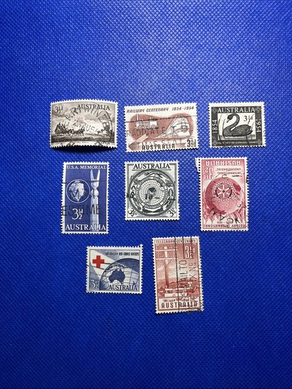 8 Australia Commemorative Stamps, Used, 1954-1955