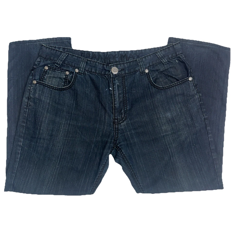 Pantalones de mezclilla para hombre Franky Max 38x32 lavado oscuro rectos tachonados imitación cuero bolsillos Y2K Foto 4 de 4