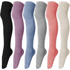 6 Pairs Women Knee High Fuzzy Socks Soft Long Thigh High Warm stockings Cozy ...