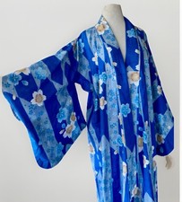 Vtg Japanese Blue Cherry Blossom KIMONO Robe Summer Yukata OS Boho 70s