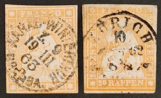 Switzerland 1854 2x 20r. Orange Imperf Stamps Used (shades)