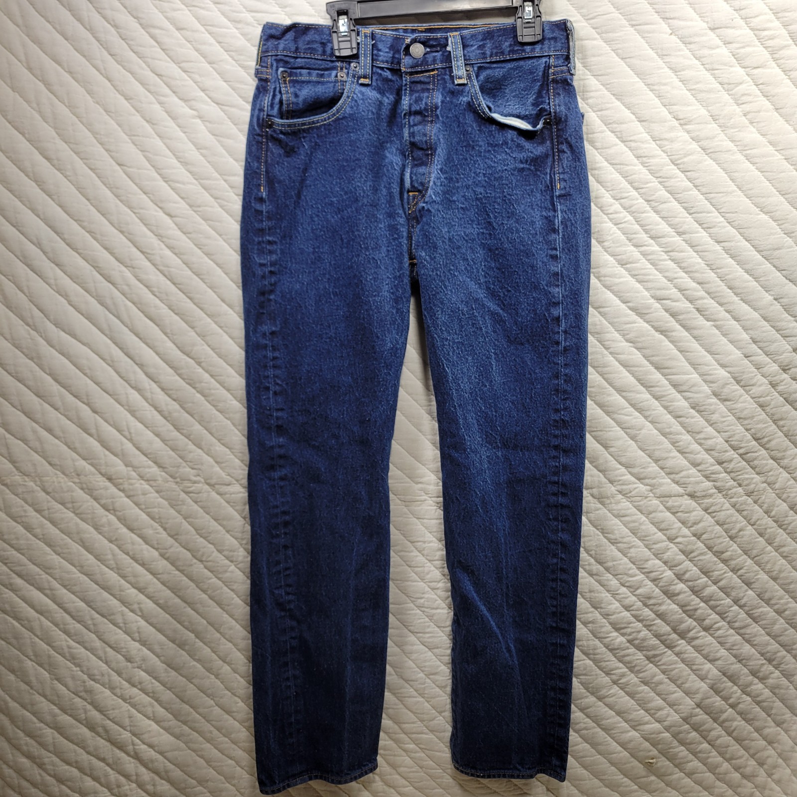 Mens 28x30 Dark Wash Button Fly Distressed Straight Leg Deni